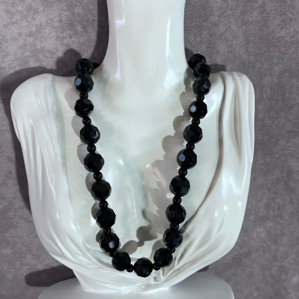 Black Onyx Beaded Necklace Women Faceted Beads Sterling Silver 925 Clasp 17"